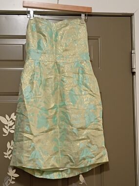 kate spade Strapless Mint and Gold Floral Brocade Dress